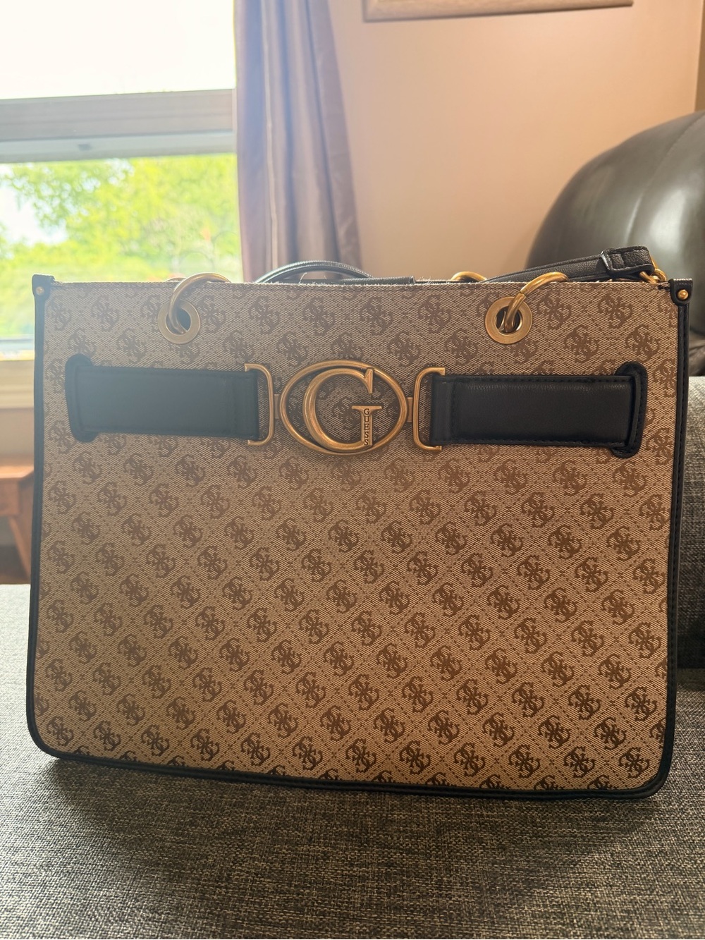 Guess Monogram Tote in Beige, Brown and Black with Gold Hardware